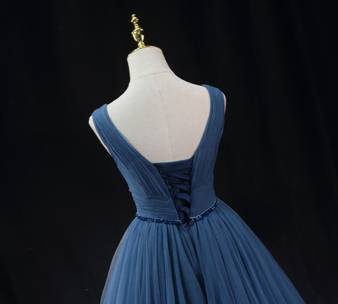 Royal Blue Tulle Ball Gown Wedding Dress - V-Neck Evening Dress - Sleeveless Corset Back Wedding Dress Plus Size